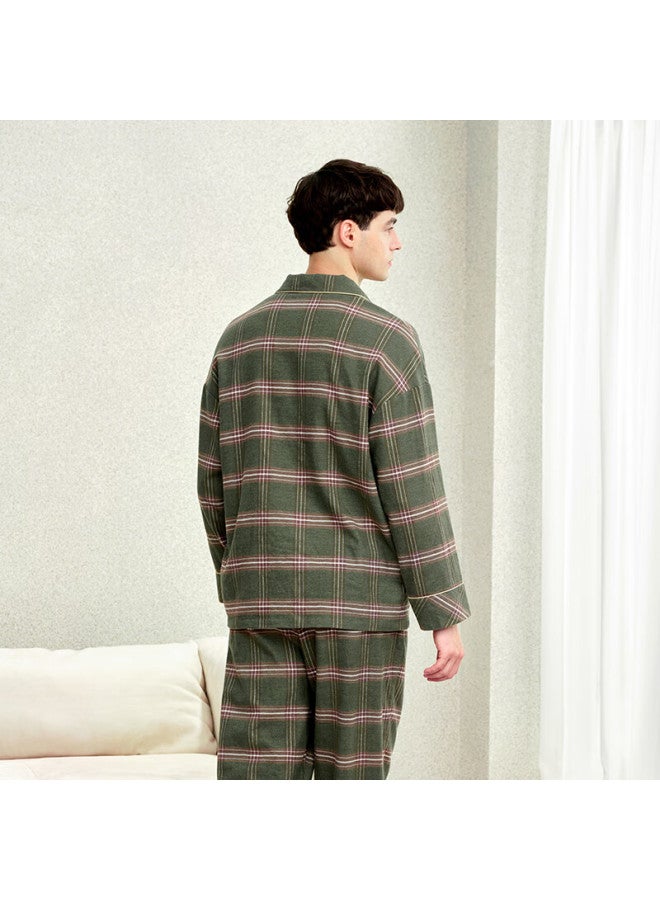 MEIBIAO American Standard Couple Pajamas Women's Autumn Cotton Long Sleeve Men's Winter 100% Cotton Homewear Dark Green 3XL - Image 3