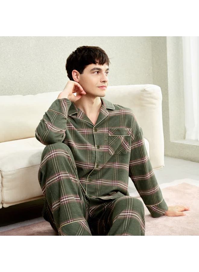 MEIBIAO American Standard Couple Pajamas Women's Autumn Cotton Long Sleeve Men's Winter 100% Cotton Homewear Dark Green 3XL - Image 1