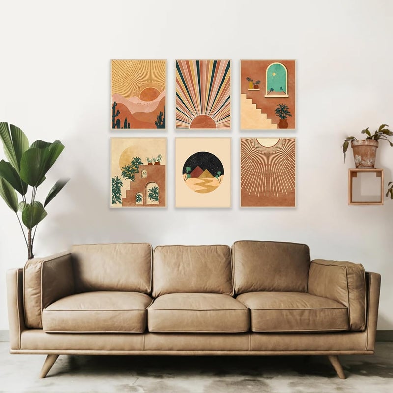 KBKBART Boho Wall Art Prints Set of 6, Mid-Century Modern Prints, Neutral Geometric Boho Wall Decor Sun Moon Palm Leaf Mountain Orange Beige Canvas Artwork, Minimalist Boho Posters for Bedroom Living Room - Image 3