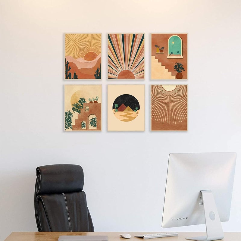 KBKBART Boho Wall Art Prints Set of 6, Mid-Century Modern Prints, Neutral Geometric Boho Wall Decor Sun Moon Palm Leaf Mountain Orange Beige Canvas Artwork, Minimalist Boho Posters for Bedroom Living Room - Image 4