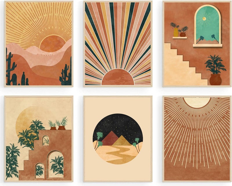 KBKBART Boho Wall Art Prints Set of 6, Mid-Century Modern Prints, Neutral Geometric Boho Wall Decor Sun Moon Palm Leaf Mountain Orange Beige Canvas Artwork, Minimalist Boho Posters for Bedroom Living Room - Image 1