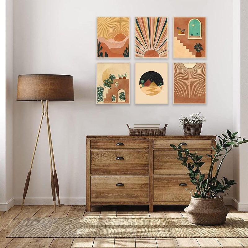 KBKBART Boho Wall Art Prints Set of 6, Mid-Century Modern Prints, Neutral Geometric Boho Wall Decor Sun Moon Palm Leaf Mountain Orange Beige Canvas Artwork, Minimalist Boho Posters for Bedroom Living Room - Image 2