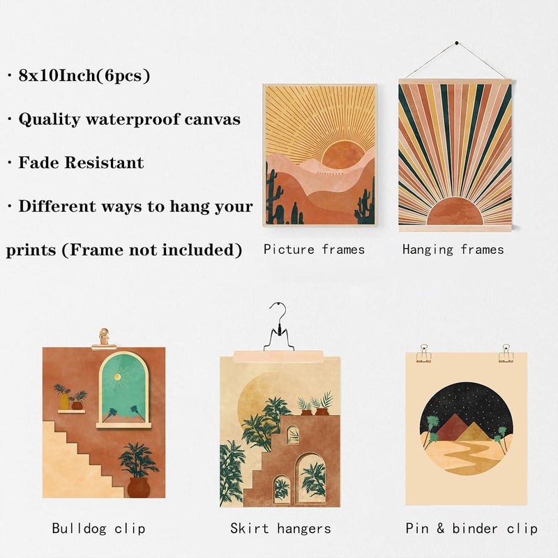 KBKBART Boho Wall Art Prints Set of 6, Mid-Century Modern Prints, Neutral Geometric Boho Wall Decor Sun Moon Palm Leaf Mountain Orange Beige Canvas Artwork, Minimalist Boho Posters for Bedroom Living Room - Image 5