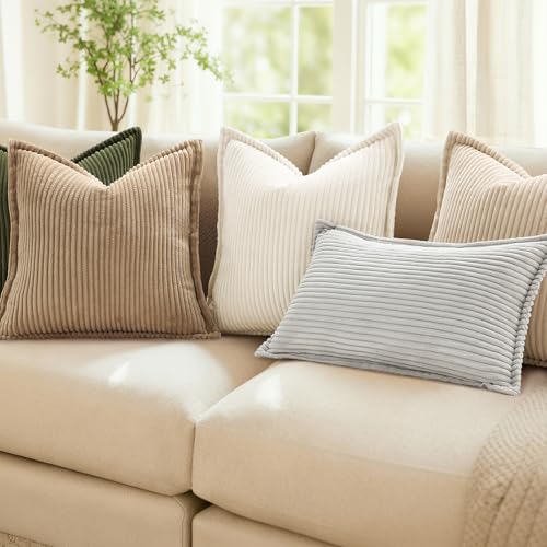 Mecatny Corduroy Summer Throw Pillow Covers 24x24 Set of 2 Neutral Decorative Soft Boho Couch Pillow Covers with Broadside for Sofa Living Room Cream White - Image 3