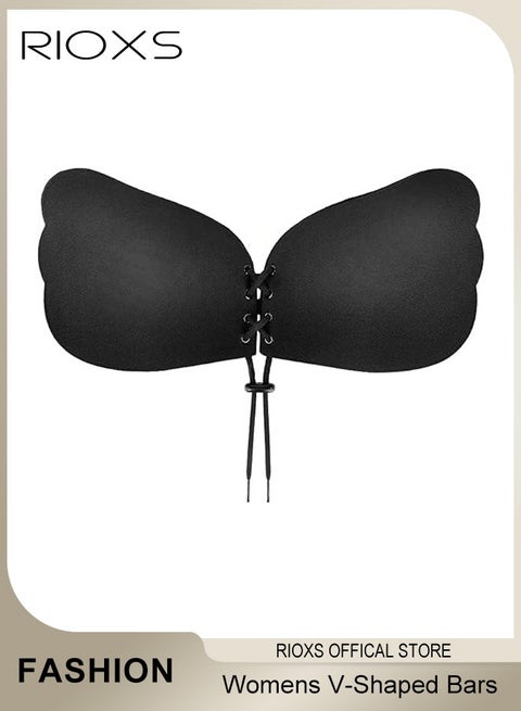 Women's Invisible Push Up Bra, Deep V-Shaped Adhesive Breathable Backless Strapless Bra for Ladies, Patch Silicone Patch, Comfortable/Lift/Back-less & Reusable Bras for Formal Off-shoulder Skirt, Vest, Black