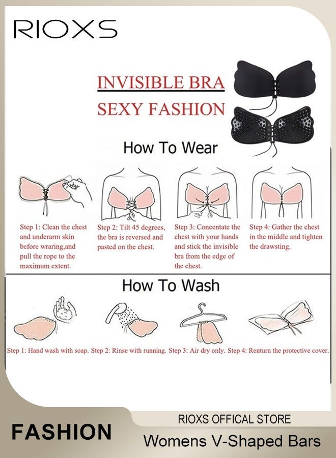 RIOXS Women's Invisible Push Up Bra, Deep V-Shaped Adhesive Breathable Backless Strapless Bra for Ladies, Patch Silicone Patch, Comfortable/Lift/Back-less & Reusable Bras for Formal Off-shoulder Skirt, Vest, Black - Image 3
