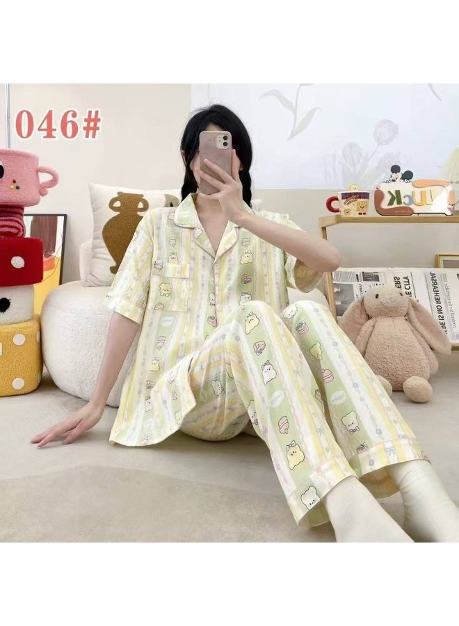 Korean Style Women's Cotton Pajama Set, Soft Cloud Cotton Sleepwear, Short Sleeve Button-Up Top & Long Pants, Free Size