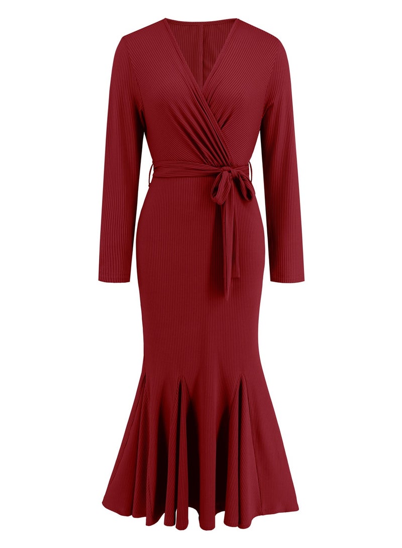 KUYING New V-Neck Long Sleeved Slim Fit Style Fishtail Skirt Knitted Long Dress Dress  - Image 1