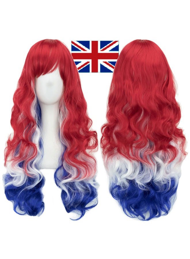 IMISSU Flag Color Design Hair Cosplay Wigs with Bangs Halloween Costume Wig (GB Flag Red White Blue) - Image 1