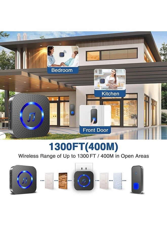 جرس باب لاسلكي، يعمل بمدى 1300 قدم، طقم جرس باب لاسلكي مقاوم للماء، مع 2 زر ضغط عن بعد 1 جهاز استقبال موصول عن بعد، مع 55 نغمة رنين 5 وميض LED، لجرس الباب الأمامي أو الخلفي للمنزل  - Image 2