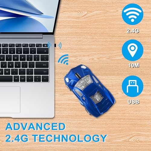 CHUYI Cool Sports Car Shaped Wireless Mouse 1600DPI Cordless Optical Mice with USB Receiver for Office School Home Travel, for PC Laptop Computer Gift (Blue-1 Pack) - Image 2