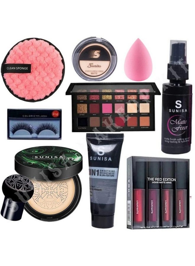 SUNISA All In One Makeup Kit Includes 4 Matte Lipstick Set, Compact Powder, Sponge, 1 Makeup Remover Pad, 18 Eyeshadow Kit, Makeup Fixer, Eye Lashes, Foundation And Makeup Primer (Multicolor)Set Of 9