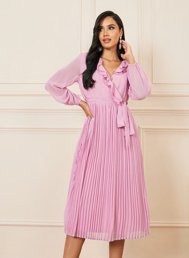 ستايلي فستان ميدي بنمط لف وتفاصيل كشكش - Image 2