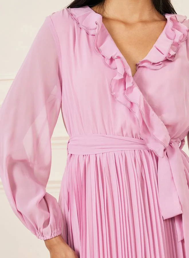 Styli Accordion Pleat Ruffle Trim Wrap Midi Dress