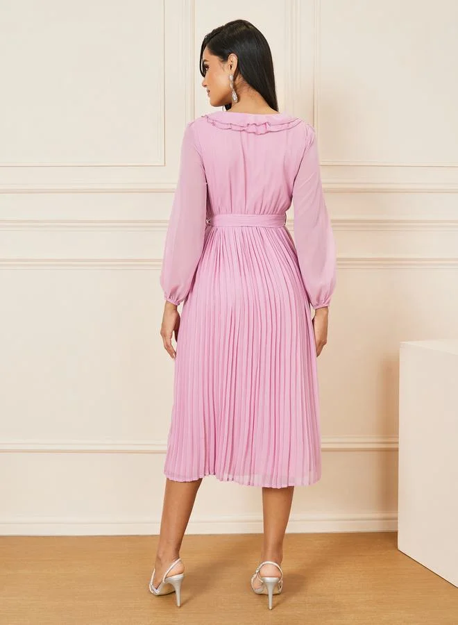 Styli Accordion Pleat Ruffle Trim Wrap Midi Dress