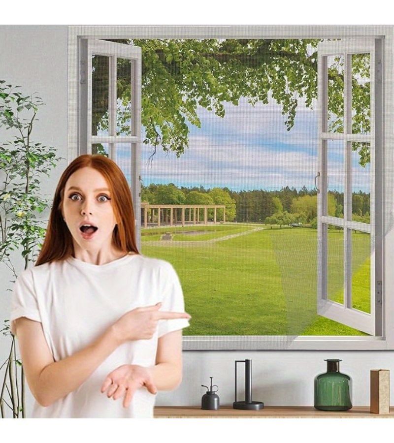 إطار أبيض شبكة رمادية مقاس كبير ستارة شبكية ذاتية اللصق مضادة للبعوض للشباك بنظام DIY بدون حفر، مناسبة لمختلف النوافذ وديكور المنزل، هدايا للمناسبات. - Image 1