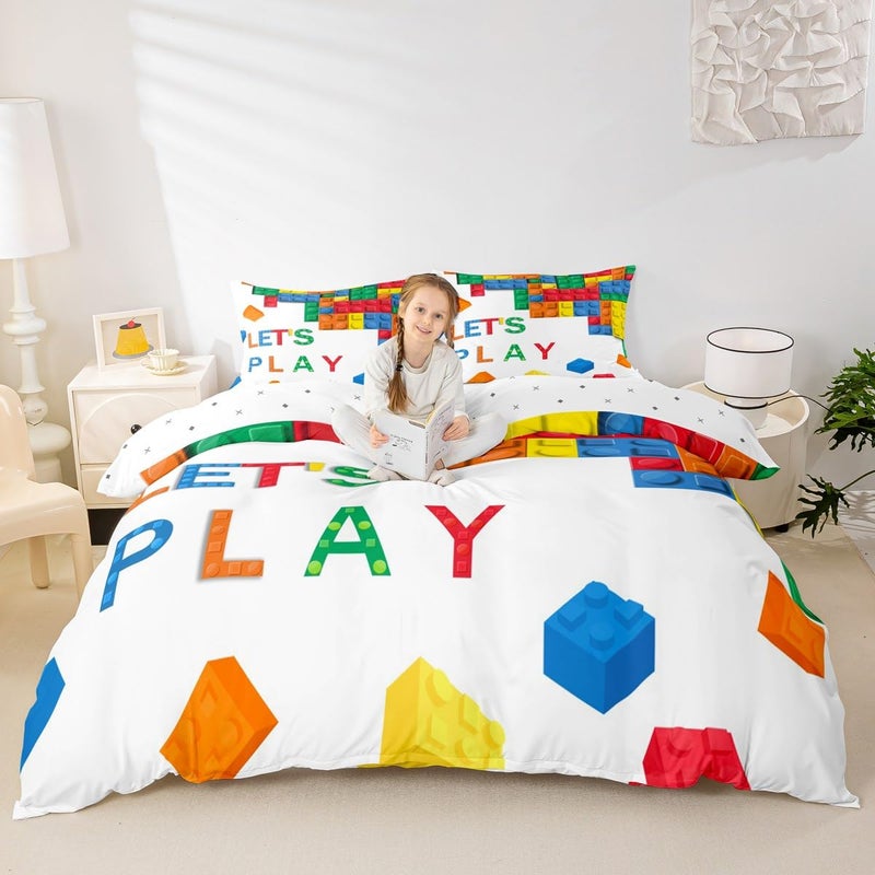 Feelyou Building Block Print Bedding Set Twin Size Kids Brick Styles Comforter Cover Set for Boys Teens Colorful Duvet Cover Breathable Gaming Bedspread Cover Room Decor Quilt Cover