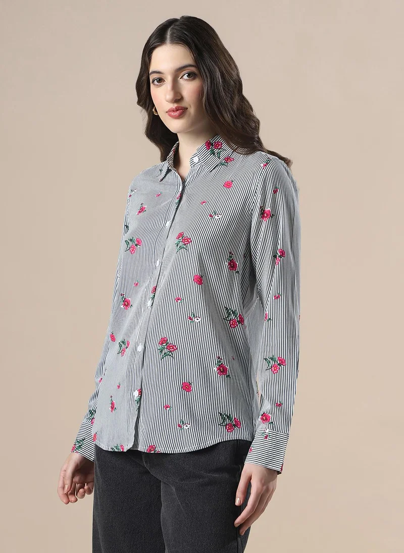 globus Globus Women Blue Striped Floral Print Spread Collar Cuffed Sleeves Relaxed Fit Workwear Shirt