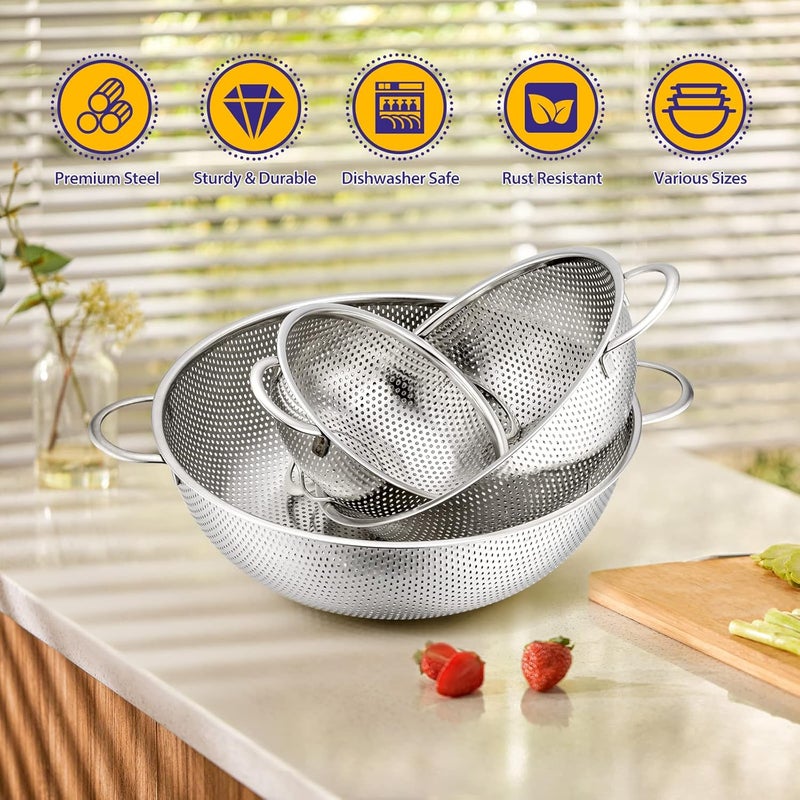 E-far Stainless Steel Colander Set of 3 (1-3-5Quart), Micro-Perforated Metal Colander Strainer with Handle for Kitchen/Draining Pasta/Rinsing Vegetables Fruits, Heavy Duty & Dishwasher Safe - Image 5