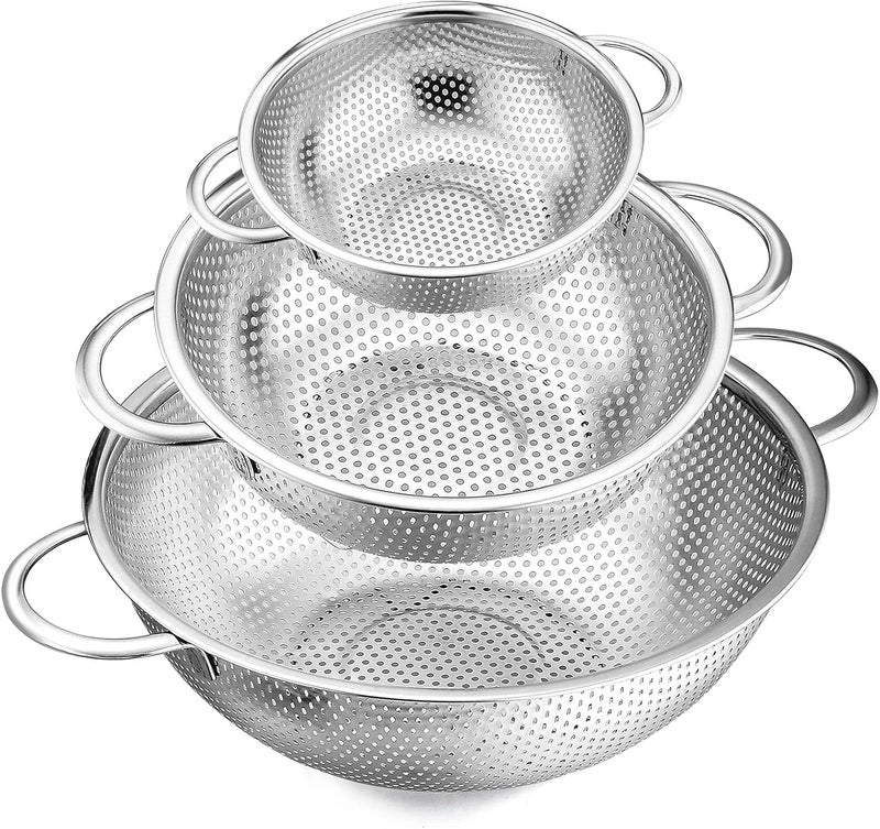 E-far Stainless Steel Colander Set of 3 (1-3-5Quart), Micro-Perforated Metal Colander Strainer with Handle for Kitchen/Draining Pasta/Rinsing Vegetables Fruits, Heavy Duty & Dishwasher Safe - Image 1
