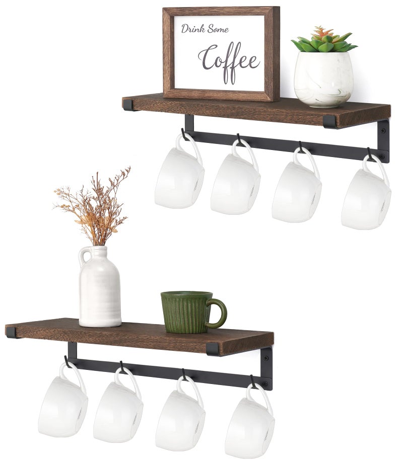 Dahey Mug Holder Wall Mounted Mug Rack with Hooks, Set of 2, Storage Rustic Floating Shelf Coffee Bar Accessories Wood Coffee Cup Hanger for Organizing Cooking Utensil Home Kitchen Decor, Brown - Image 1