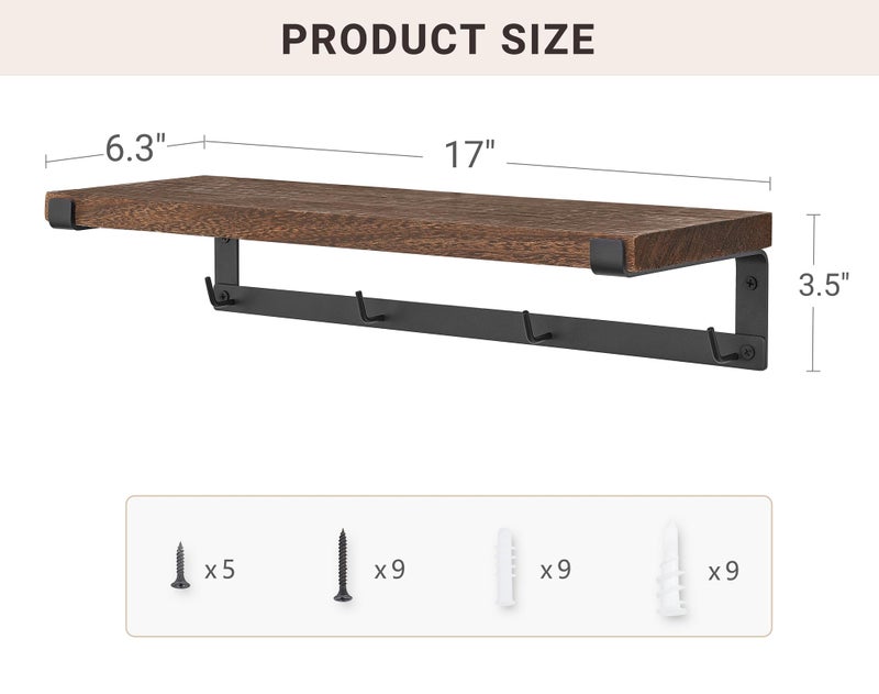 Dahey Mug Holder Wall Mounted Mug Rack with Hooks, Set of 2, Storage Rustic Floating Shelf Coffee Bar Accessories Wood Coffee Cup Hanger for Organizing Cooking Utensil Home Kitchen Decor, Brown - Image 5