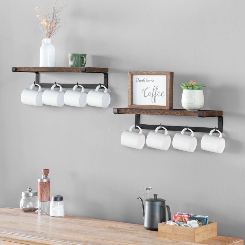 Dahey Mug Holder Wall Mounted Mug Rack with Hooks, Set of 2, Storage Rustic Floating Shelf Coffee Bar Accessories Wood Coffee Cup Hanger for Organizing Cooking Utensil Home Kitchen Decor, Brown - Image 3