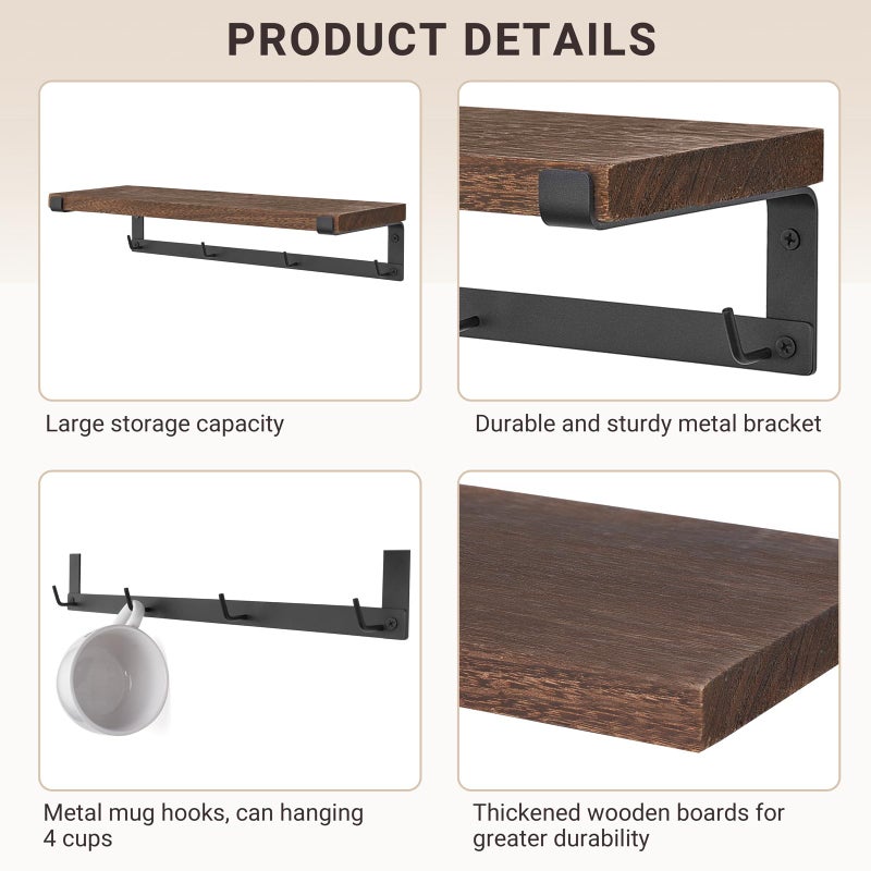 Dahey Mug Holder Wall Mounted Mug Rack with Hooks, Set of 2, Storage Rustic Floating Shelf Coffee Bar Accessories Wood Coffee Cup Hanger for Organizing Cooking Utensil Home Kitchen Decor, Brown - Image 4