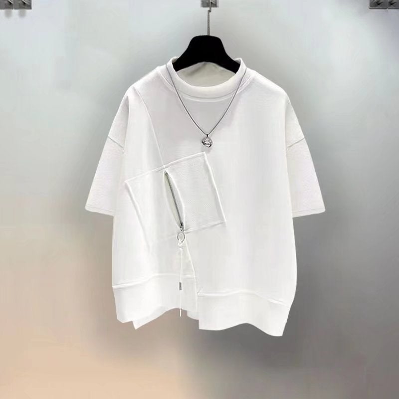 A Generation Of Summer Tide Brand Short Sleeve T-Shirt Men Ins Joker Zipper Stitching Loose Boys Clothes Half Sleeve - Image 1