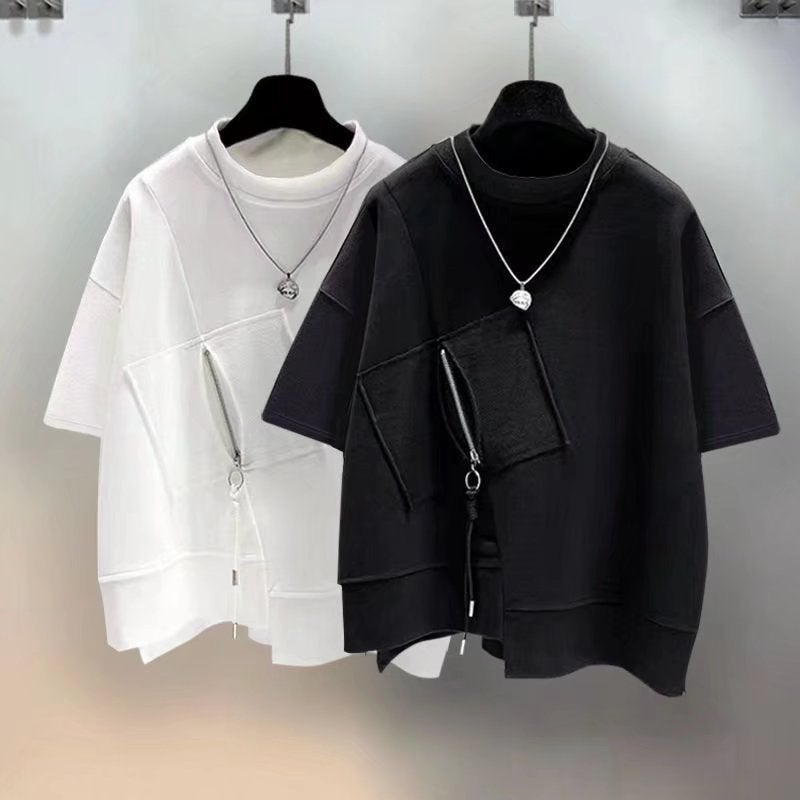 A Generation Of Summer Tide Brand Short Sleeve T-Shirt Men Ins Joker Zipper Stitching Loose Boys Clothes Half Sleeve - Image 4