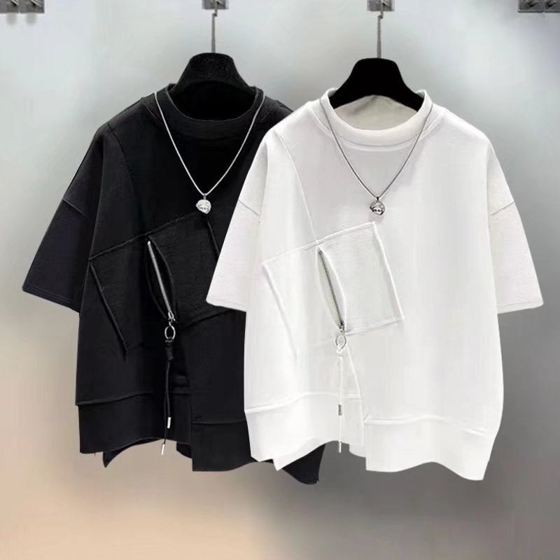 A Generation Of Summer Tide Brand Short Sleeve T-Shirt Men Ins Joker Zipper Stitching Loose Boys Clothes Half Sleeve - Image 2