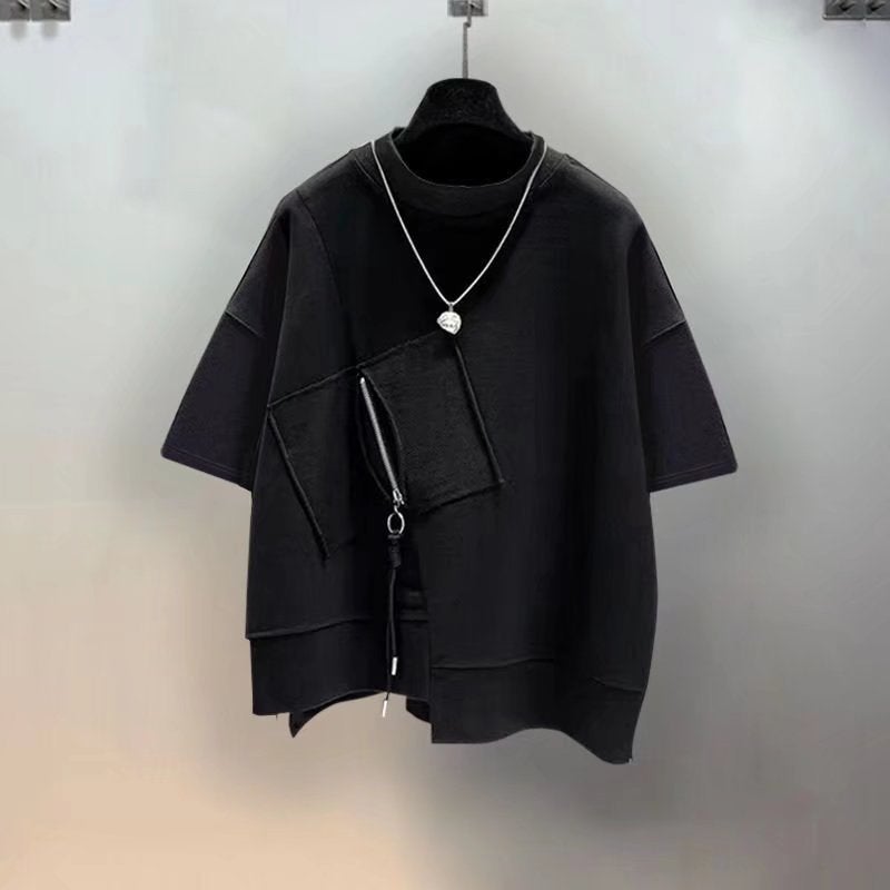 A Generation Of Summer Tide Brand Short Sleeve T-Shirt Men Ins Joker Zipper Stitching Loose Boys Clothes Half Sleeve - Image 3