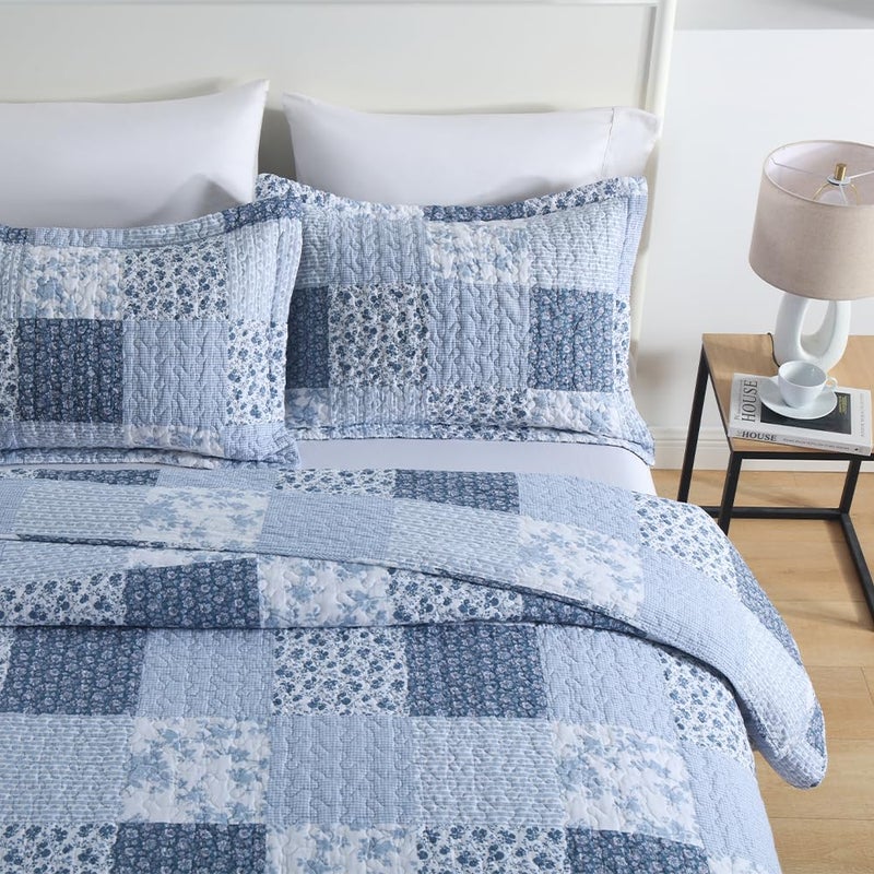 ENASAL Cotton Bedspread Quilt Bedding Sets Reversible Coverlet Sets Comforters Rustic Floral White Blue Patchwork Pattern Bedspread for All Season, Queen Size - Image 4