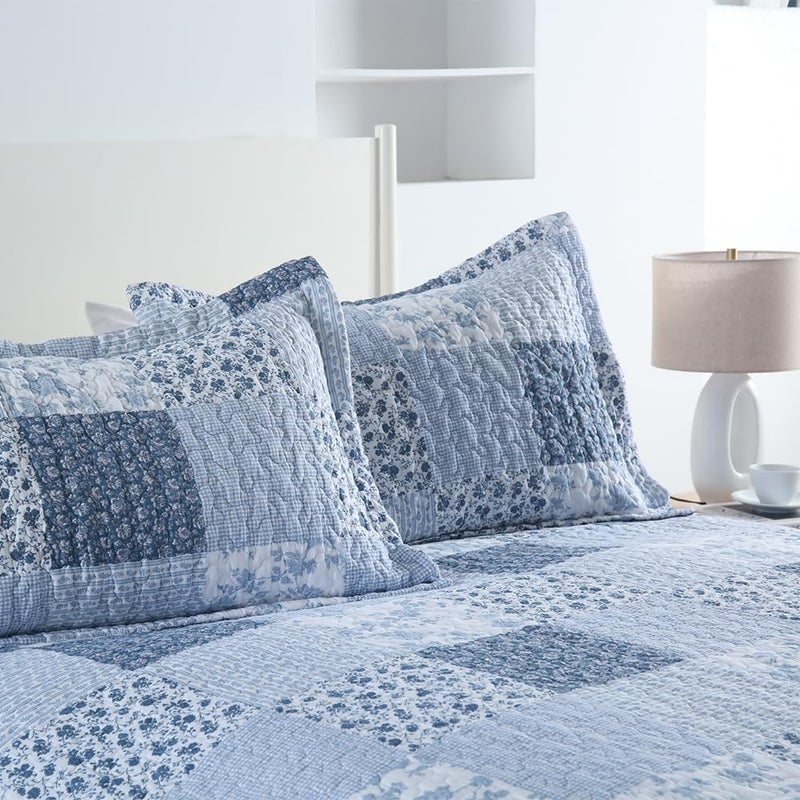 ENASAL Cotton Bedspread Quilt Bedding Sets Reversible Coverlet Sets Comforters Rustic Floral White Blue Patchwork Pattern Bedspread for All Season, Queen Size - Image 3