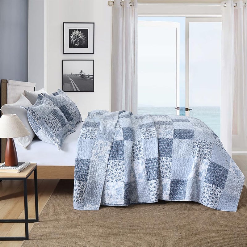 ENASAL Cotton Bedspread Quilt Bedding Sets Reversible Coverlet Sets Comforters Rustic Floral White Blue Patchwork Pattern Bedspread for All Season, Queen Size - Image 2