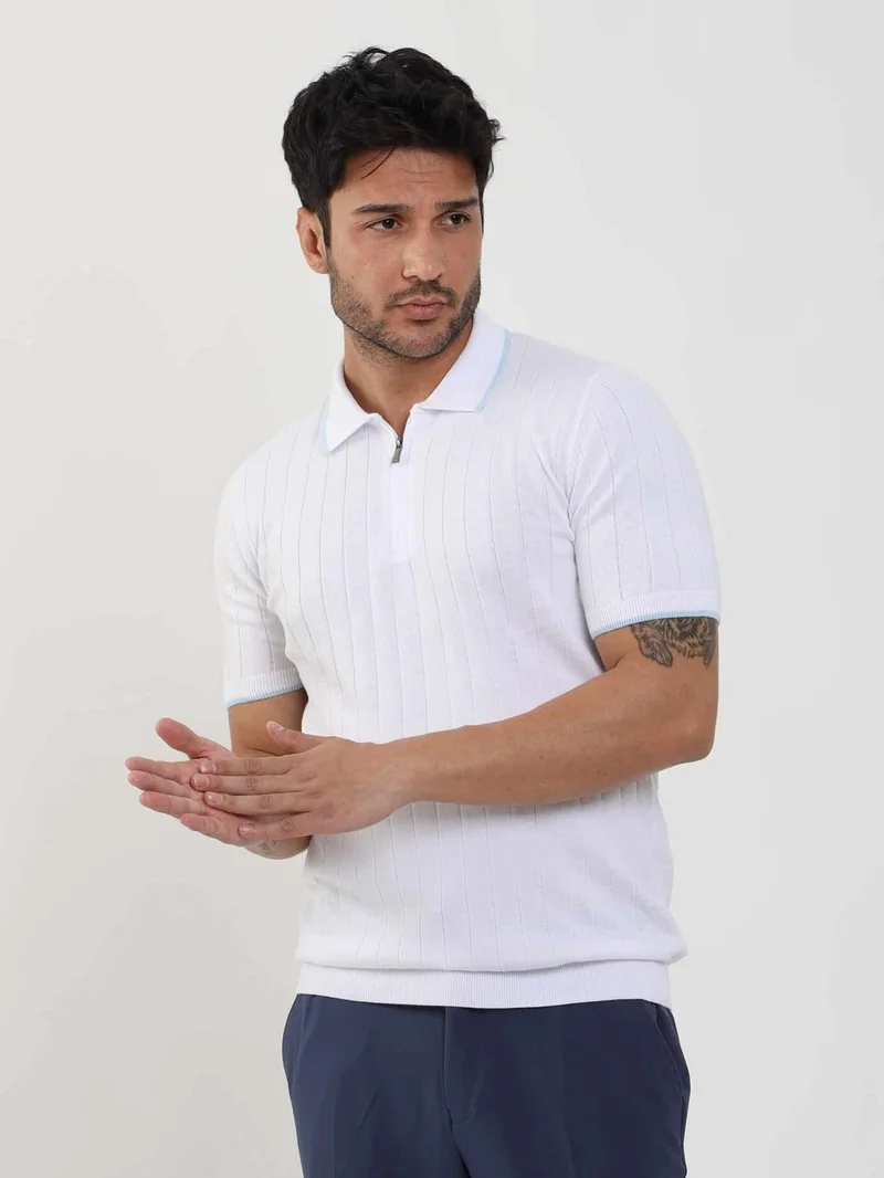 Dufy White Men's Slim Fit Ribbed Zippered Polo Neck Sweater - 104606