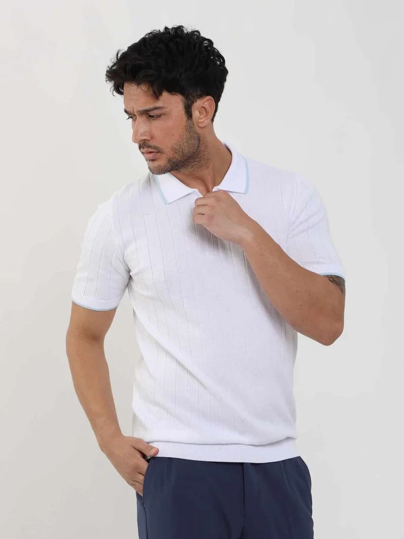 Dufy White Men's Slim Fit Ribbed Zippered Polo Neck Sweater - 104606