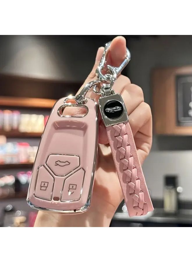 غطاء مفتاح TPU وردي مع حبل جلد مضفر متوافق مع طرازات أودي، علبة مفتاح متينة واقية. - Image 1