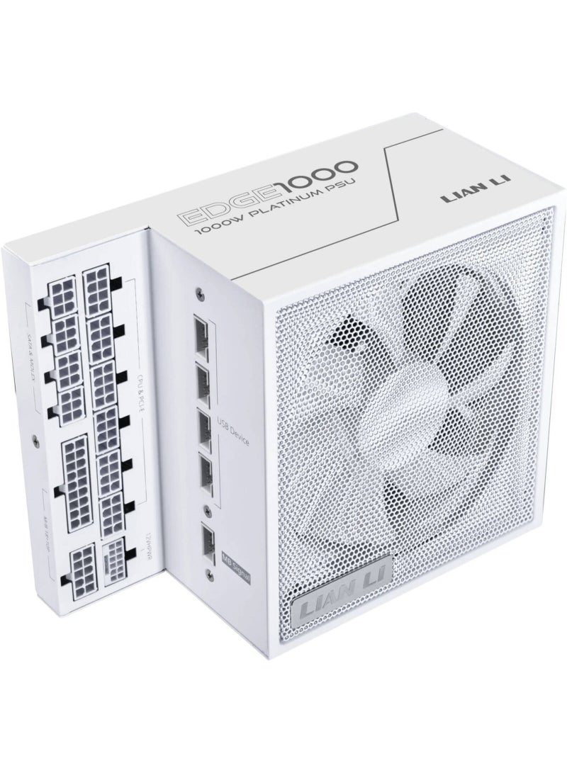 ليان لي مزود طاقة EDGE بلاتينيوم ATX 3.1، مزود طاقة مزدوج الغرفة على شكل حرف L، 80 بلس بلاتينيوم، معياري بالكامل، 12 فولت - 2×6 PCIe، مروحة PWM 120 مم، موزع USB مدمج، أبيض | EG1000 - Image 1