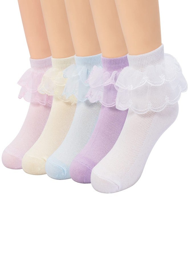 Looching 5 Pairs Baby Toddler Girls Lace Socks Ruffle Cotton White Princess Eyelet Frilly Ankle Dress Socks for Little Kids 1-12Years - Image 1