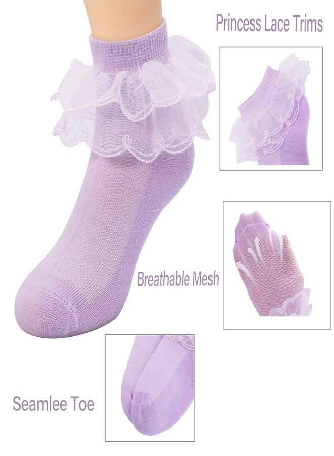 Looching 5 Pairs Baby Toddler Girls Lace Socks Ruffle Cotton White Princess Eyelet Frilly Ankle Dress Socks for Little Kids 1-12Years - Image 4