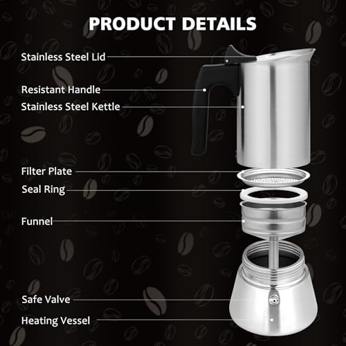 VONATES Stovetop Espresso Maker Stainless Steel Moka Pot, 6 cup Espresso Coffee Pots 300ml/10oz(Espresso Cup=50ml/1.7oz), Italian Coffee Maker for Induction Cookers Hobs, Cafe Maker for Camping Home - Image 2
