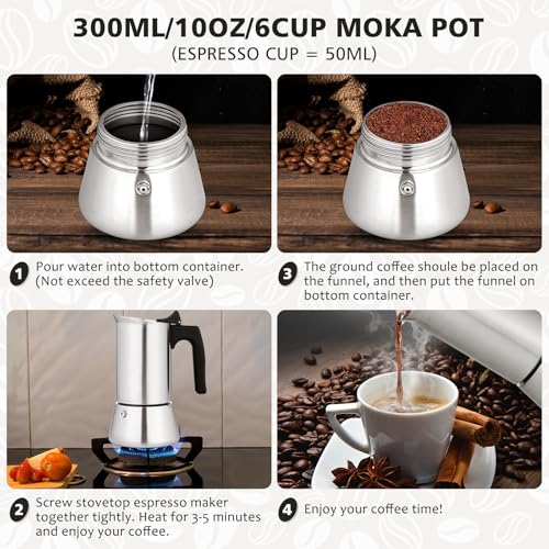 VONATES Stovetop Espresso Maker Stainless Steel Moka Pot, 6 cup Espresso Coffee Pots 300ml/10oz(Espresso Cup=50ml/1.7oz), Italian Coffee Maker for Induction Cookers Hobs, Cafe Maker for Camping Home - Image 4