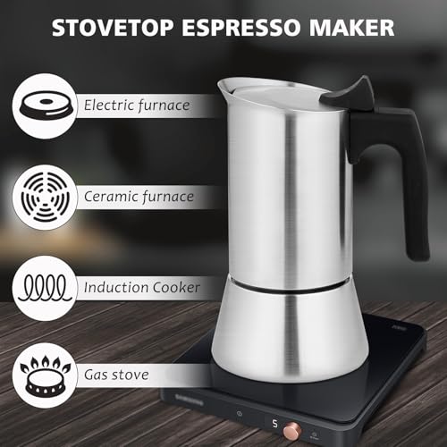 VONATES Stovetop Espresso Maker Stainless Steel Moka Pot, 6 cup Espresso Coffee Pots 300ml/10oz(Espresso Cup=50ml/1.7oz), Italian Coffee Maker for Induction Cookers Hobs, Cafe Maker for Camping Home - Image 5