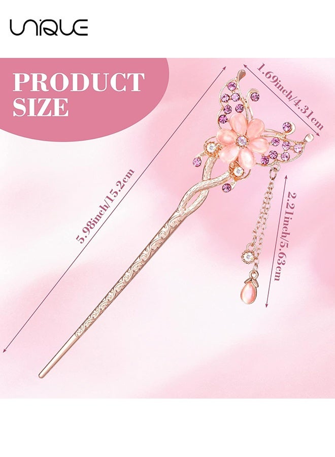 Unique 3Pcs Butterfly Flowers Hair Sticks Pins for Bun - Chinese Flower Hair Chopsticks for Women Girls Long Thick Hair - Vintage Tassel Hair Stick Styling, Girls's Gifts Accessories for Women and Girls Long Hairs - Image 2