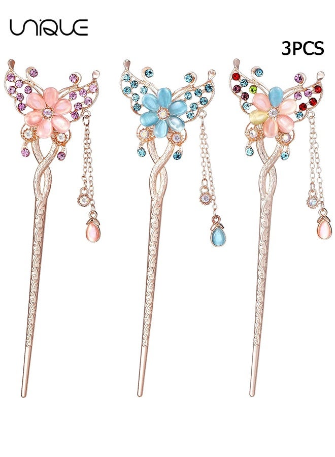 Unique 3Pcs Butterfly Flowers Hair Sticks Pins for Bun - Chinese Flower Hair Chopsticks for Women Girls Long Thick Hair - Vintage Tassel Hair Stick Styling, Girls's Gifts Accessories for Women and Girls Long Hairs - Image 1