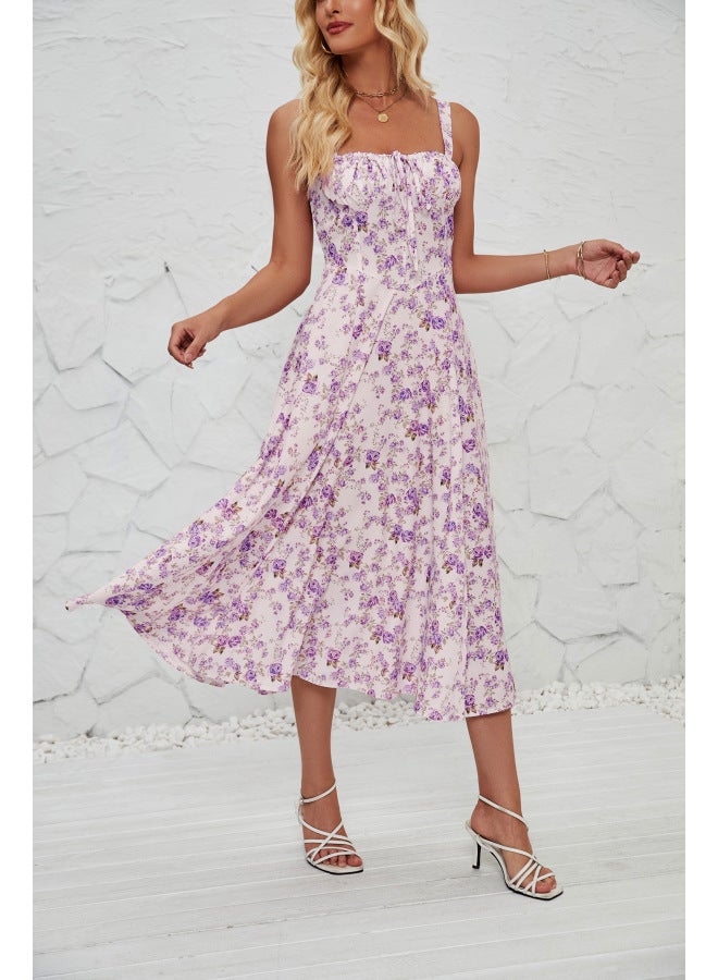SPRING Summer Straps European And American Women's Fashion Floral Print Pastoral Long Elegant Dress - Image 1