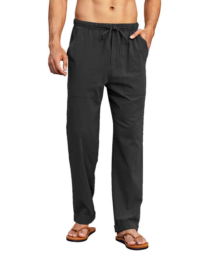 PASLTER Mens Casual Linen Pants Loose Fit Straight-Legs Elastic Drawstring Waist Summer Beach Long Pant A-Black - Image 2