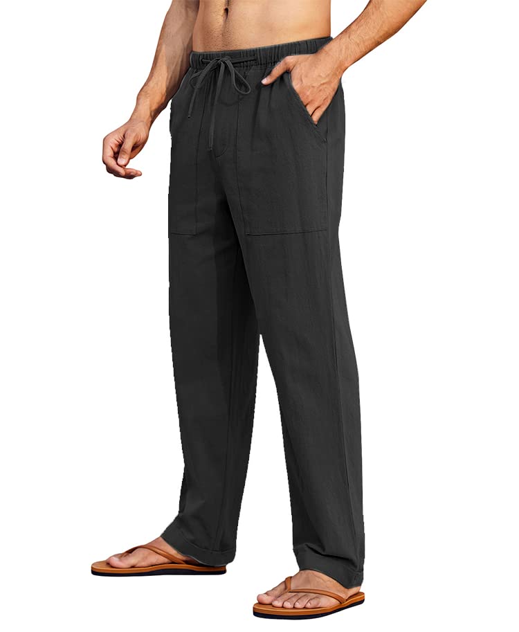 PASLTER Mens Casual Linen Pants Loose Fit Straight-Legs Elastic Drawstring Waist Summer Beach Long Pant A-Black - Image 3