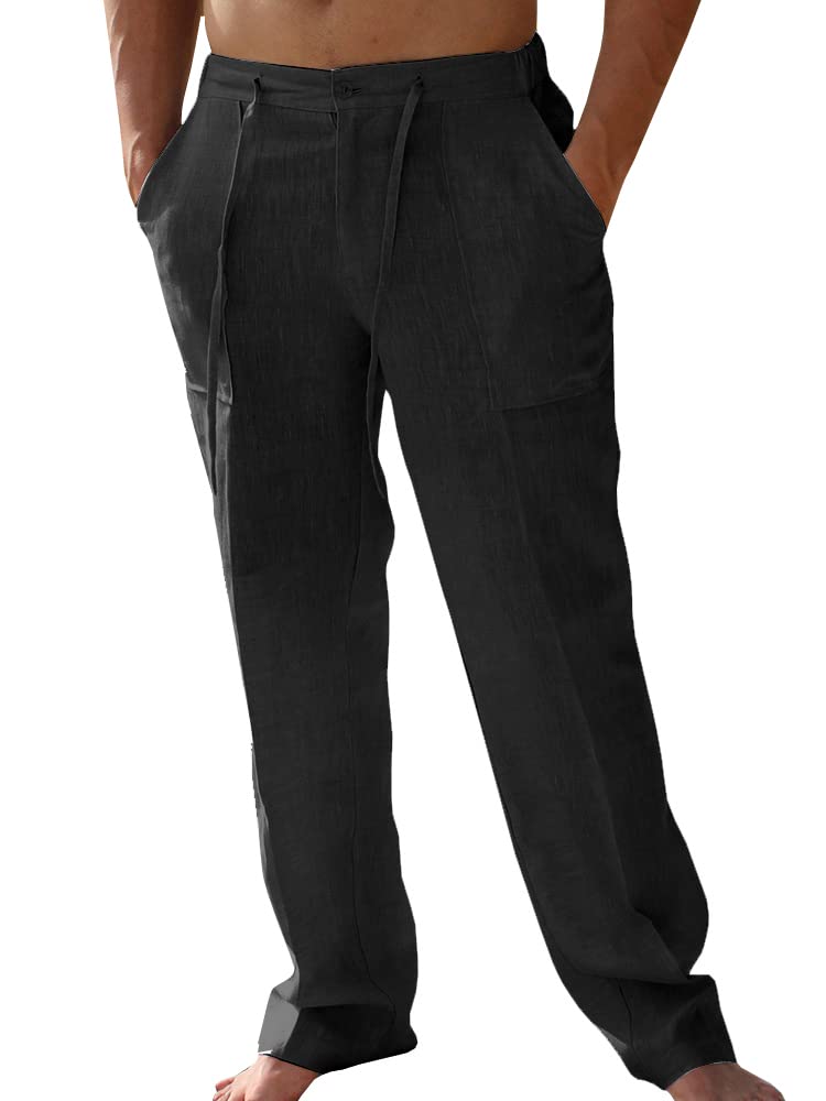 PASLTER Mens Casual Linen Pants Loose Fit Straight-Legs Elastic Drawstring Waist Summer Beach Long Pant A-Black - Image 1